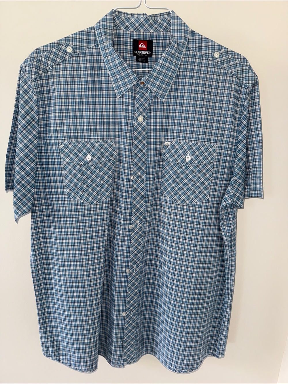Quiksilver Blue and White Plaid Short-Sleeve Button-Down Shirt